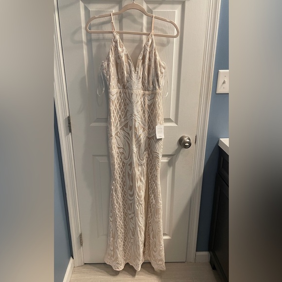 Lulus Destined for Romance Beige and White Sequin Maxi Dress - Picture 3 of 8